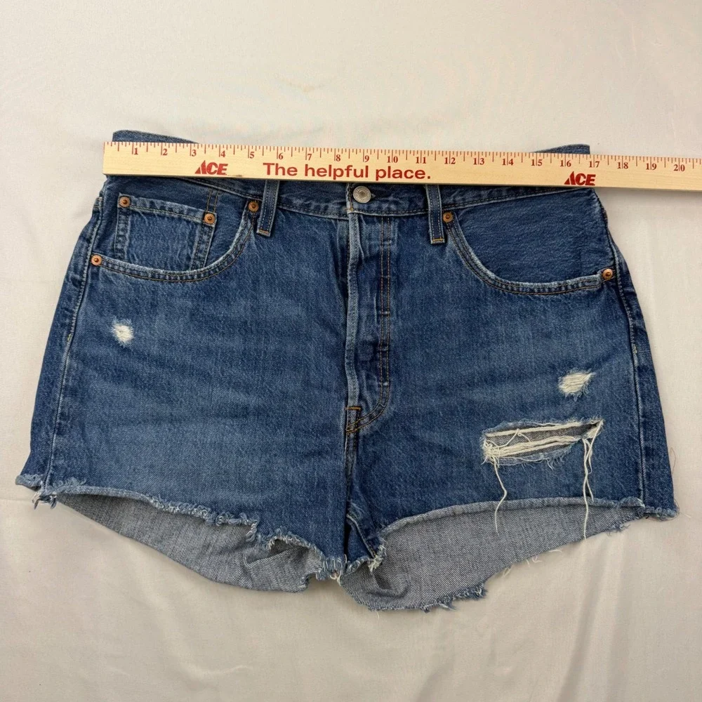 Levi's 501 Original Cut Off Shorts Women Size 33 Blue Distressed Denim High Rise